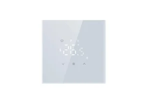E400 programuojamas termostatas elektra šildomoms grindims, baltas, su įjungtu ekranu